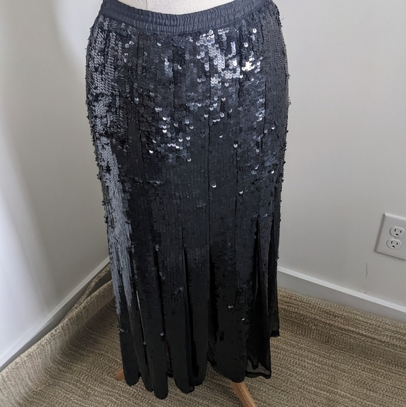 VINTAGE Black Sheer Silk and Sequin Maxi Skirt M Showgirl Carwash Bottom Holiday - Picture 7 of 12